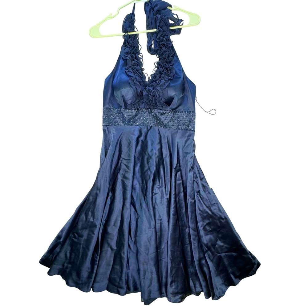 VTG Y2K 100% Silk Cocktail Dress Womens 6 Navy Ruffle Halter Adrianna Papell NEW